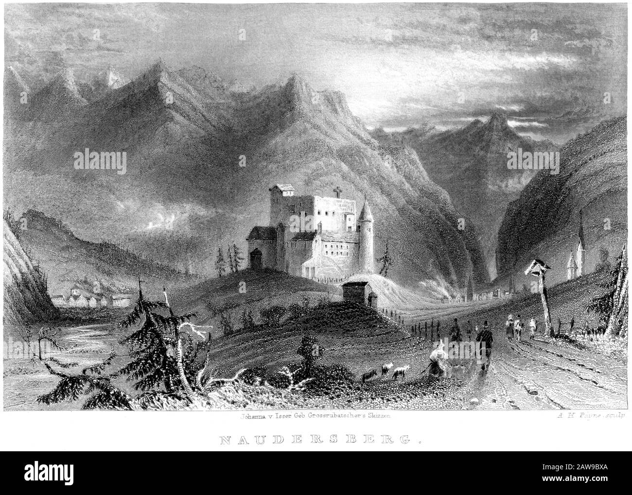Un'incisione di Naudersberg (nel Tirolo) scansionata ad alta risoluzione da un libro stampato nel 1836. Si ritiene che questa immagine sia libera da tutti i diritti d'autore. Foto Stock
