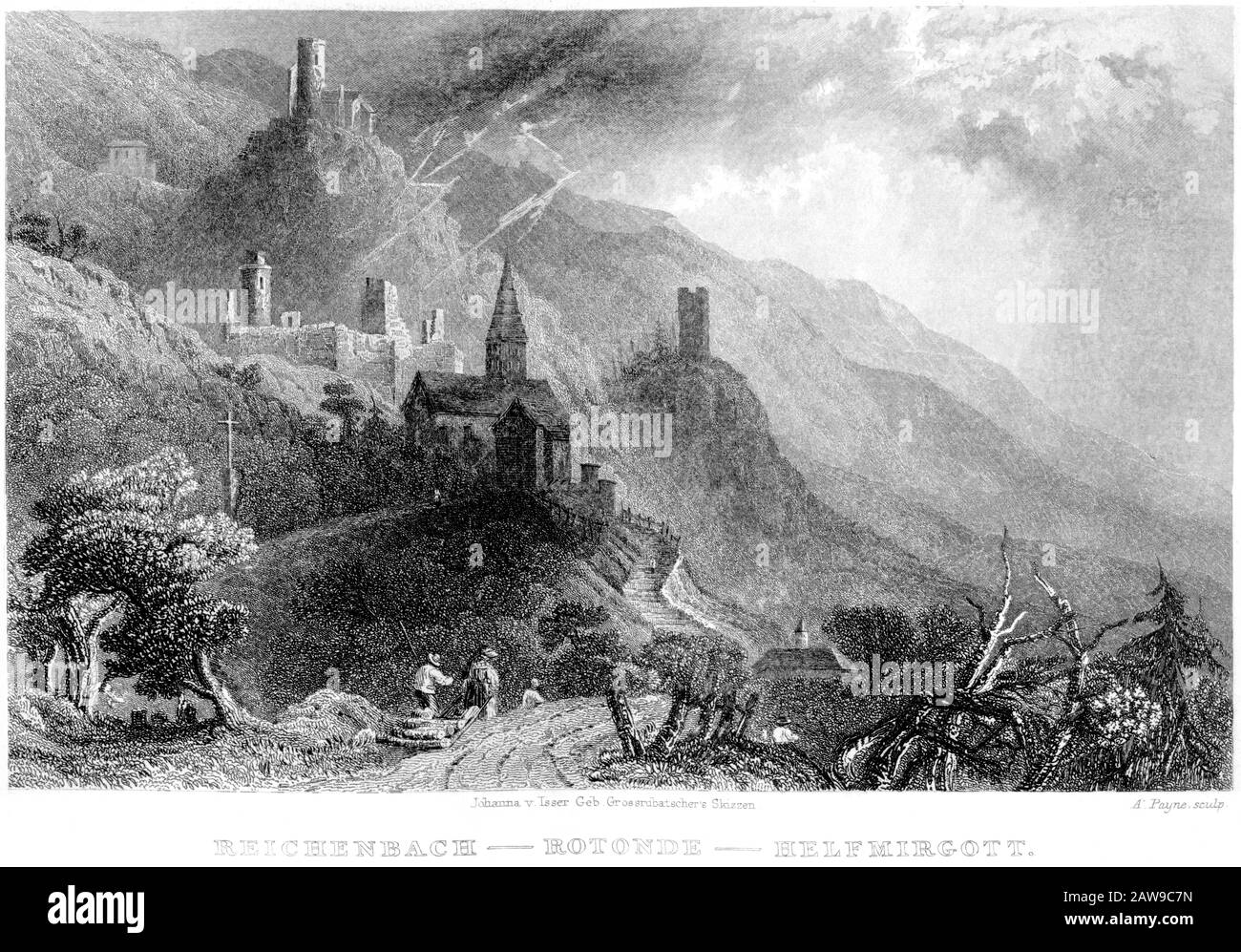 Un'incisione di Reichenbach - Rotonde - Helfmirgott (nel Tirolo) scannerizzata ad alta risoluzione da un libro stampato nel 1836. Creduto copyright libero. Foto Stock