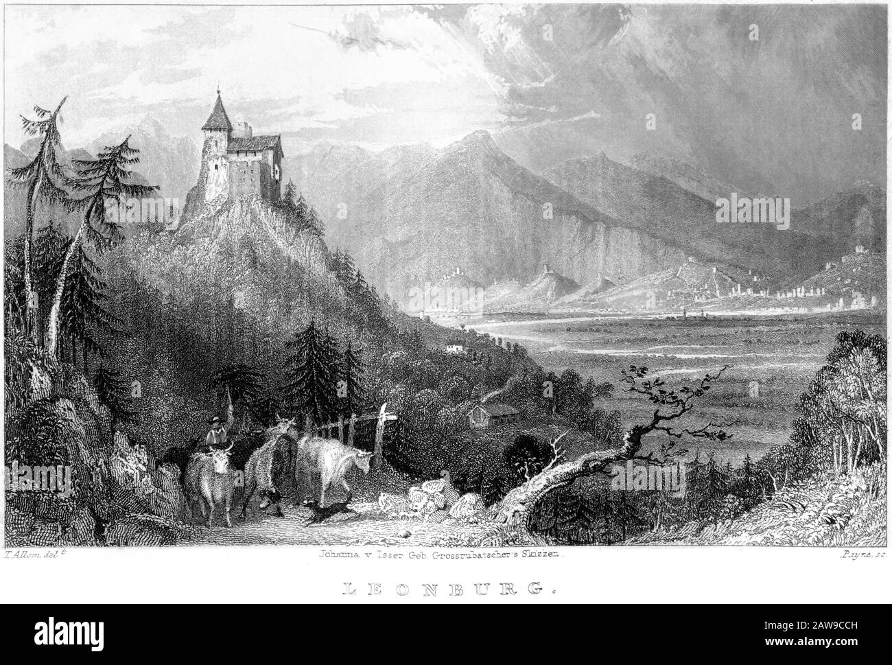 Un'incisione di Leonburg (nel Tirolo) scannerizzata ad alta risoluzione da un libro stampato nel 1836. Si ritiene che questa immagine sia libera da tutti i diritti d'autore. Foto Stock