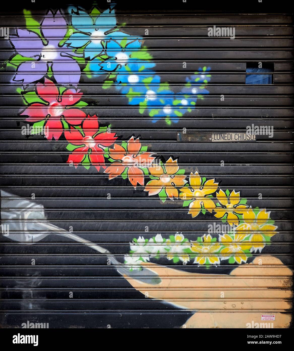Dipinto a mano sull'otturatore di un negozio nella periferia meridionale di Milano, in Italia, raffigurante una treccia in aumento di fiori colorati Foto Stock