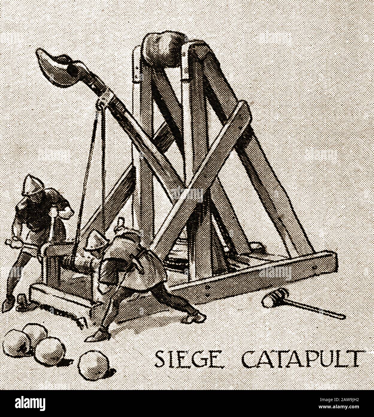 Un'illustrazione degli anni '40 che mostra le armi storiche di battaglia - assedio Catapult Foto Stock