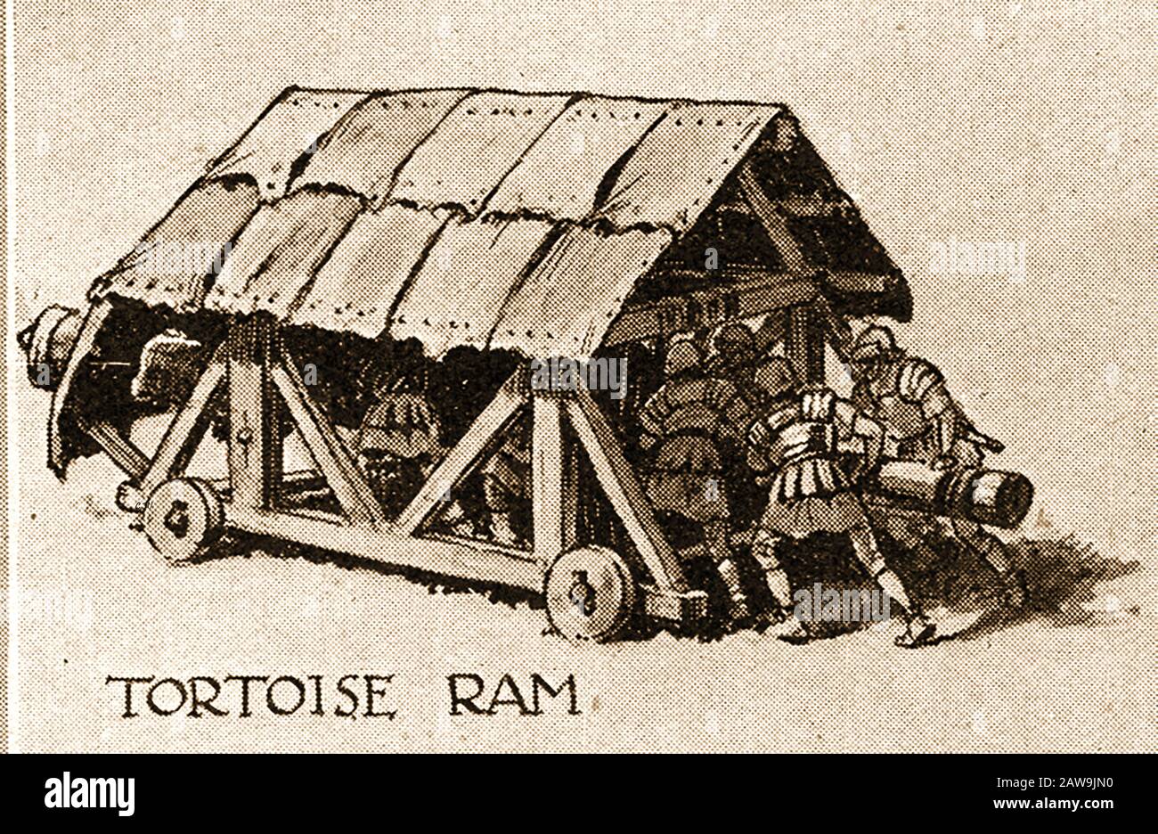 Un'illustrazione degli anni '40 che mostra le armi storiche di battaglia - Ram Tartaruga. E 'stato progettato per rompere le mura aperte o fortificazioni e per distruggere le porte di legno. Foto Stock