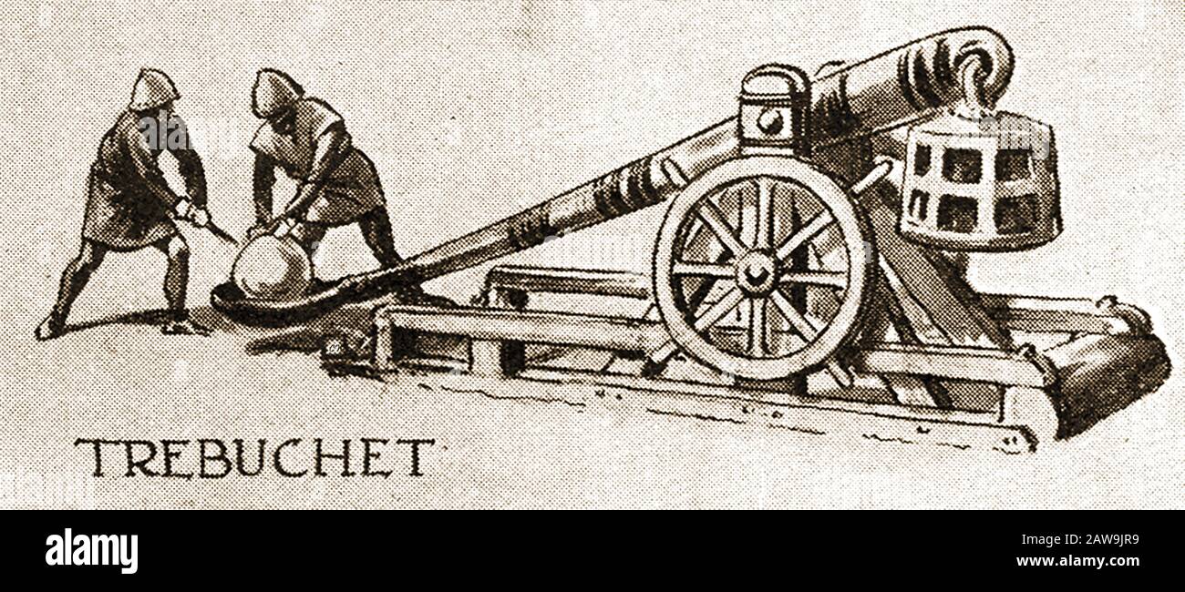 Un'illustrazione degli anni '40 che mostra le armi storiche di battaglia - Trebuchet, una macchina che usa un braccio oscillante per lanciare un proiettile. Era forse l'arma militare più usata prima dell'uso di polvere da sparo. Il suo primo utilizzo è stato in Cina (circa 4th secolo) e ha continuato ad essere utilizzato in tutto il mondo fino al Medioevo. Foto Stock