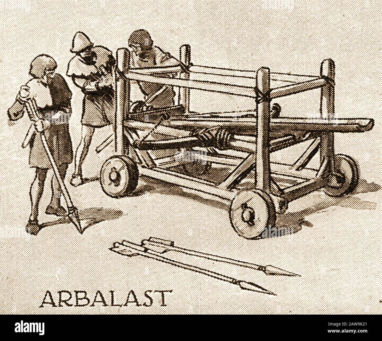 Un'illustrazione degli anni '40 che mostra le armi storiche di battaglia - l'Arbalast /Arblast / Arbalist o arbalest era una macchina di tiro con arco trasversale, in questo caso una versione per impieghi pesanti per l'uso sul campo di battaglia completo di bulloni giganti o frecce. Foto Stock
