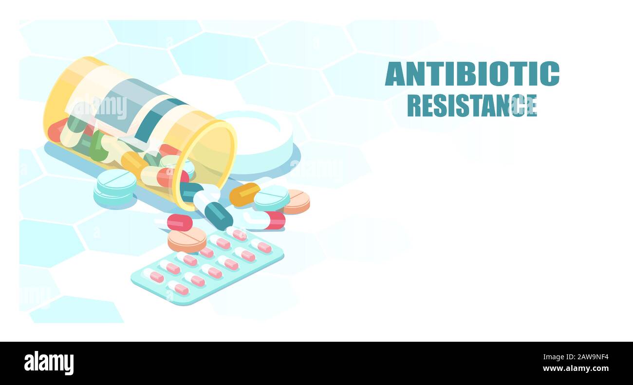 Vettore di capsule di antibiotico che fuoriesce dal flacone. Concetto di problema di resistenza multifarmaco. Illustrazione Vettoriale