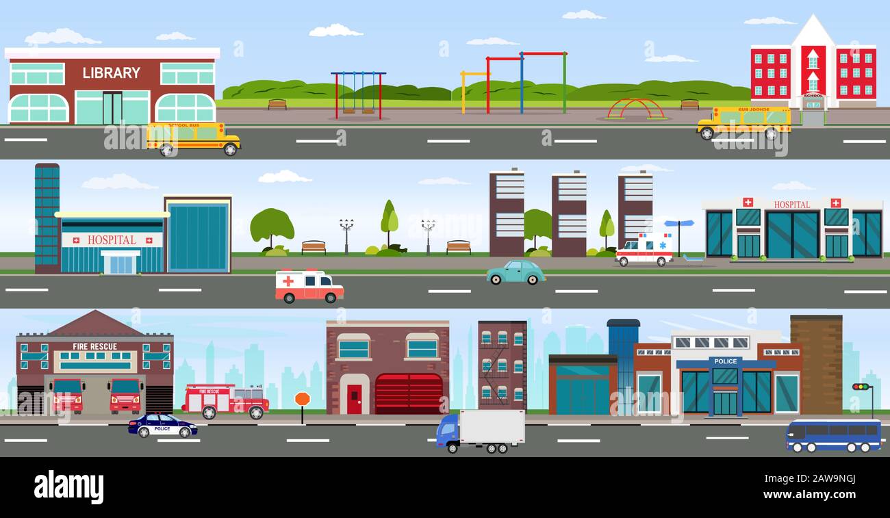 Vettore di città urbana e zona rurale con edifici moderni, grattacieli, case, ospedale, vigili del fuoco, stazione di polizia, scuola, biblioteca e pa Illustrazione Vettoriale