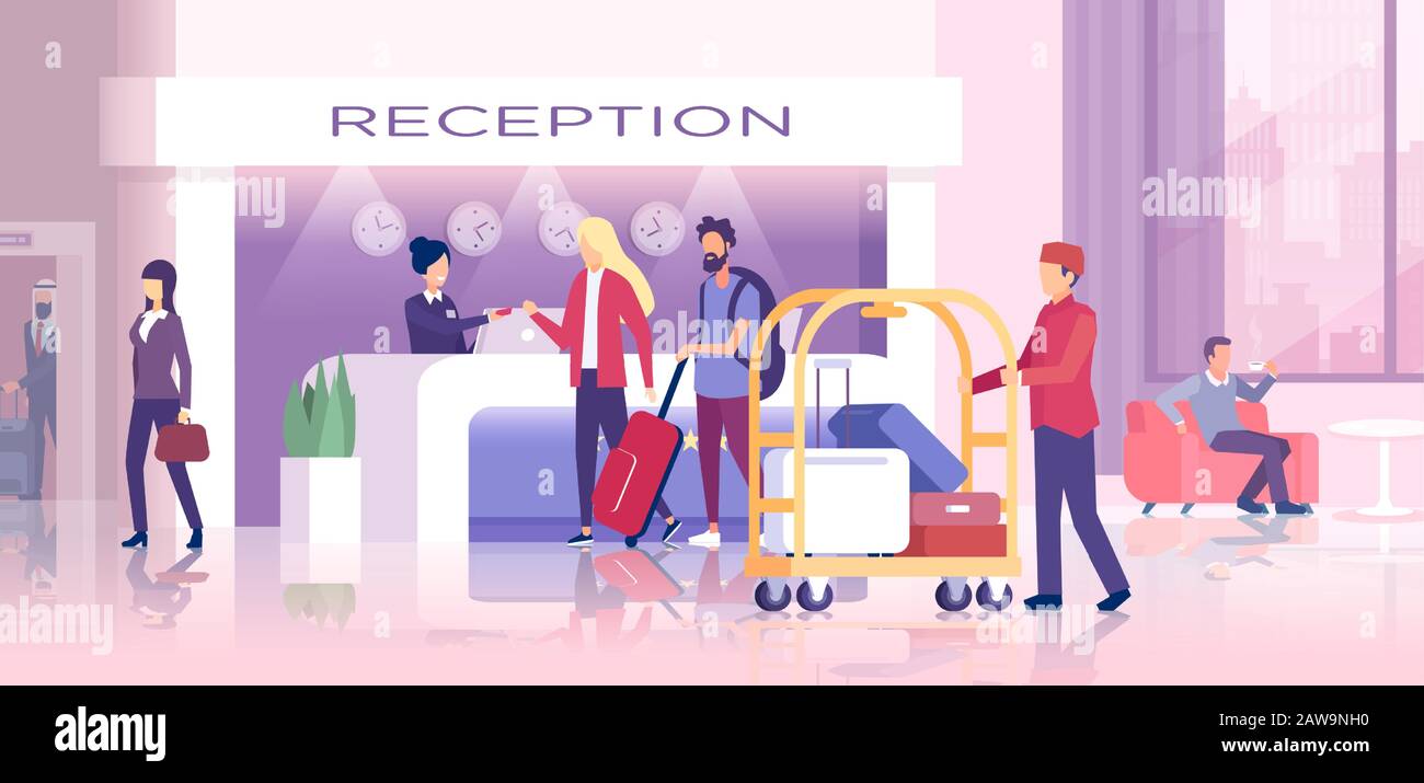 Vettore di un ricevimento dell'hotel con viaggiatori che effettuano il check in, portiere che portano borse e ospiti che si rilassano nella lobby Illustrazione Vettoriale
