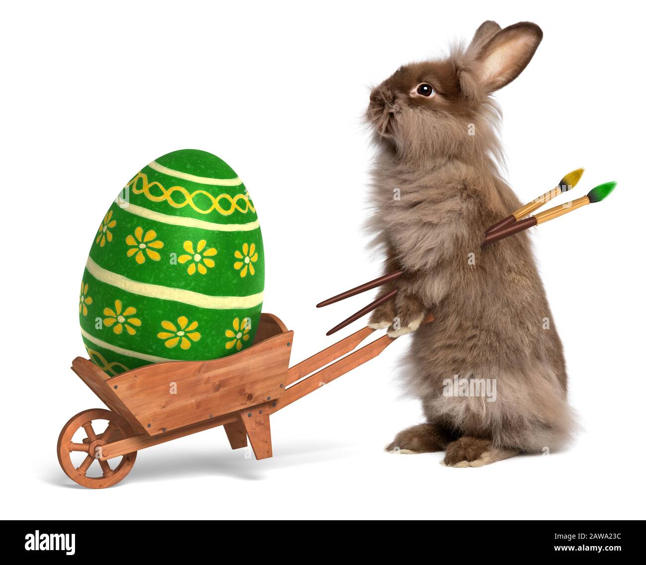 Carino coniglio coniglietto di Pasqua con un piccolo carriola e un uovo di Pasqua dipinto di verde, isolato su bianco, CG+foto Foto Stock