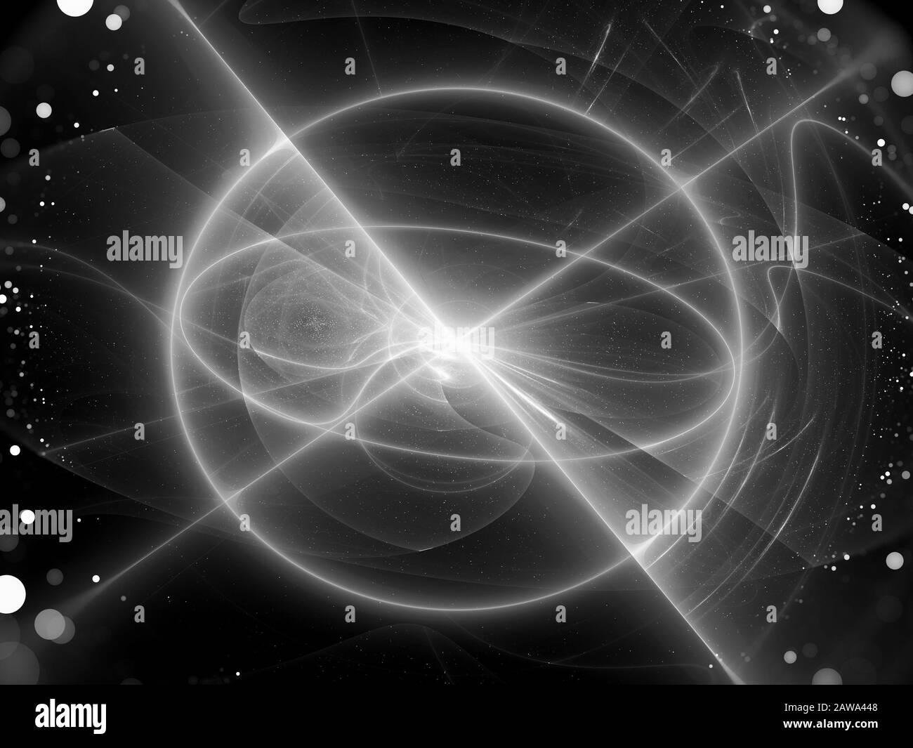 Esplosione di energia luminosa con campo di forza sferico con raggi perpendicolari effetto bianco e nero, mappa di intensità astratta generata dal computer, rendering 3D Foto Stock