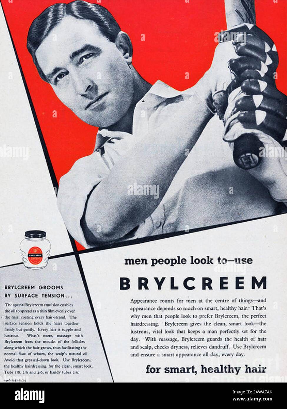 BRIYLCREEM capelli styling annuncio MID 1950s con famoso ricketer inglese Denis Compton Foto Stock