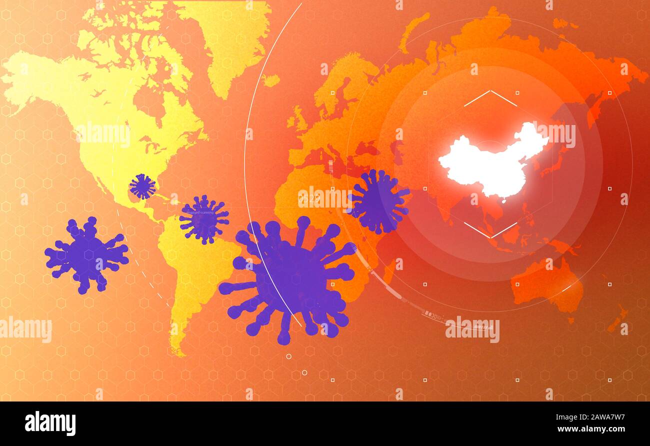 Vista microscopica di Coronavirus, un patogeno che attacca il tratto respiratorio. Sars. Contagio. Malattia infettiva. Mappa del mondo con la Cina evidenziata Foto Stock