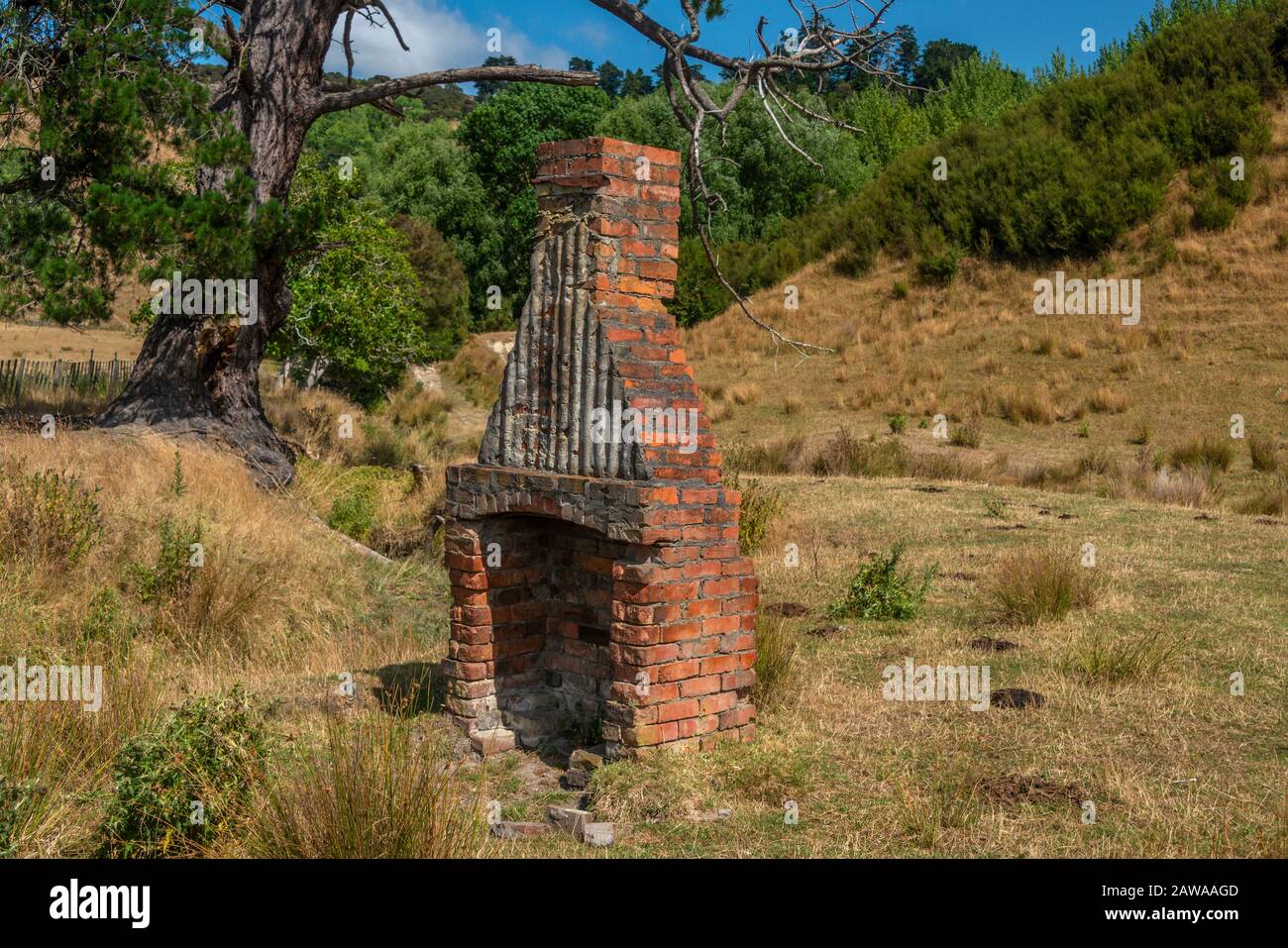I resti di una pila di camino inizio 19th secolo in un campo, vicino a Whanganui, sulla costa occidentale nell'isola nord della Nuova Zelanda Foto Stock