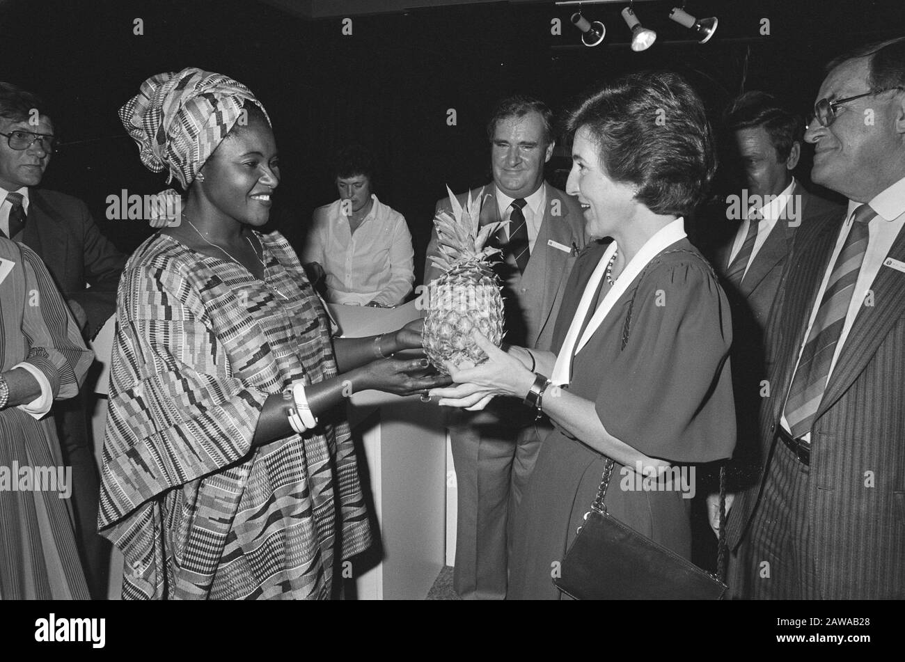 Margriet apre la fiera per il commercio di patate, verdure e frutta; Daisy ottiene ananas Principessa Catharina Tedan Paga dal Ghana Data: 23 settembre 1985 Parole Chiave: Ananas, aperture, principesse Nome Persona: Marguerite, Principessa, Principessa Catharina Tedan Foto Stock