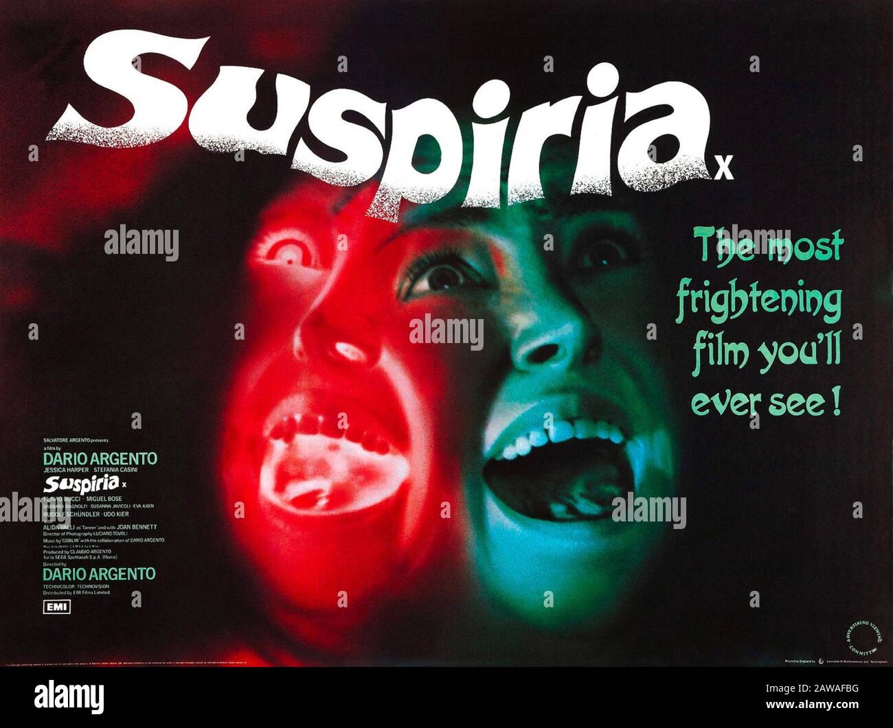 1976 , ITALIA : il poster BRITANNICO della pubblicità per il film SUSPIRIA del regista italiano DARIO ARGENTO, con Jessica Harper , Alida Valli , Mig Foto Stock