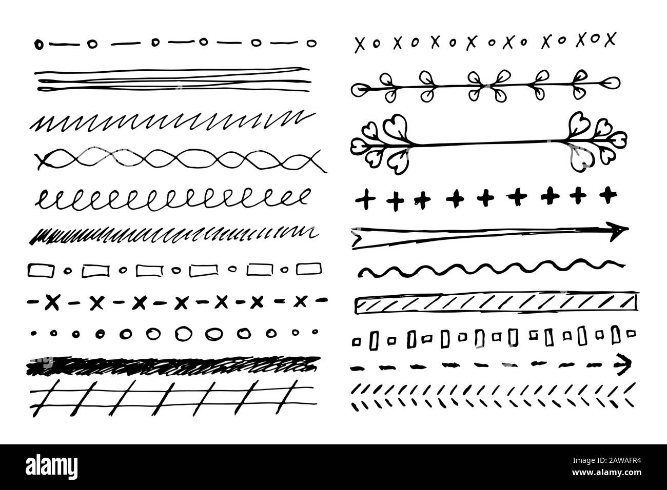 Un insieme di linee diverse disegnate a mano. Illustrazione Vettoriale