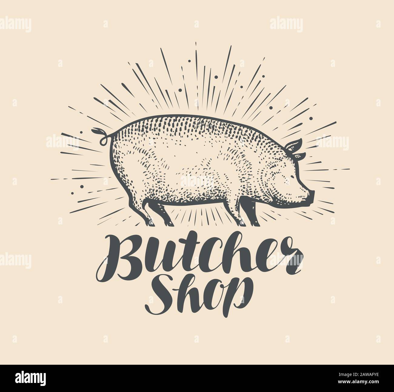 Logo o etichetta del macellaio. Animale da fattoria, maiale schizzo vintage vettore Illustrazione Vettoriale