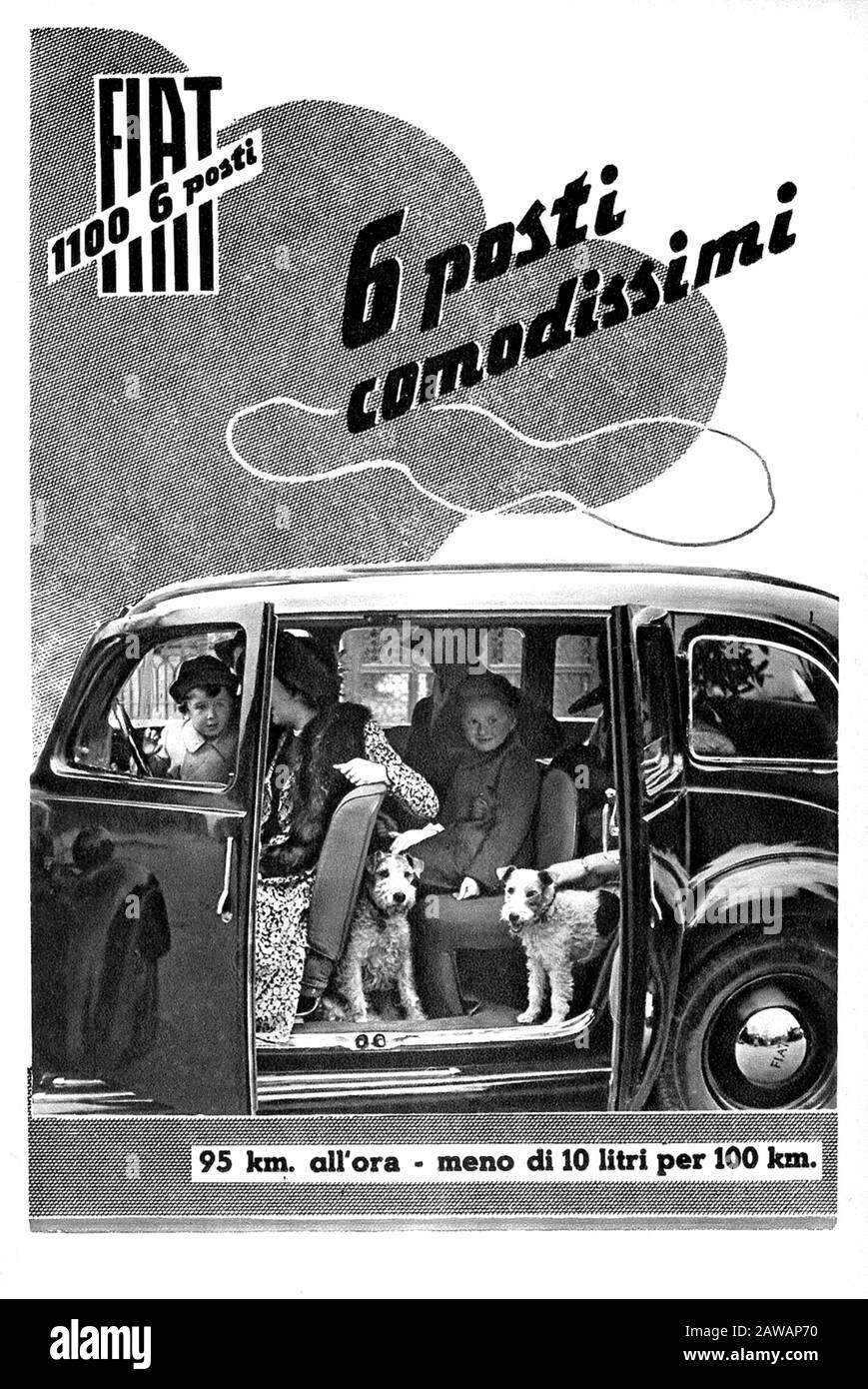 1938 , ITALIA : l'industria automobilistica italiana FIAT 1100 6 posti ( F.I.A.T. Fabbrica Italiana Automobili Torino ) Pubblicità . La Fiat 1100 è un modello compatto Foto Stock