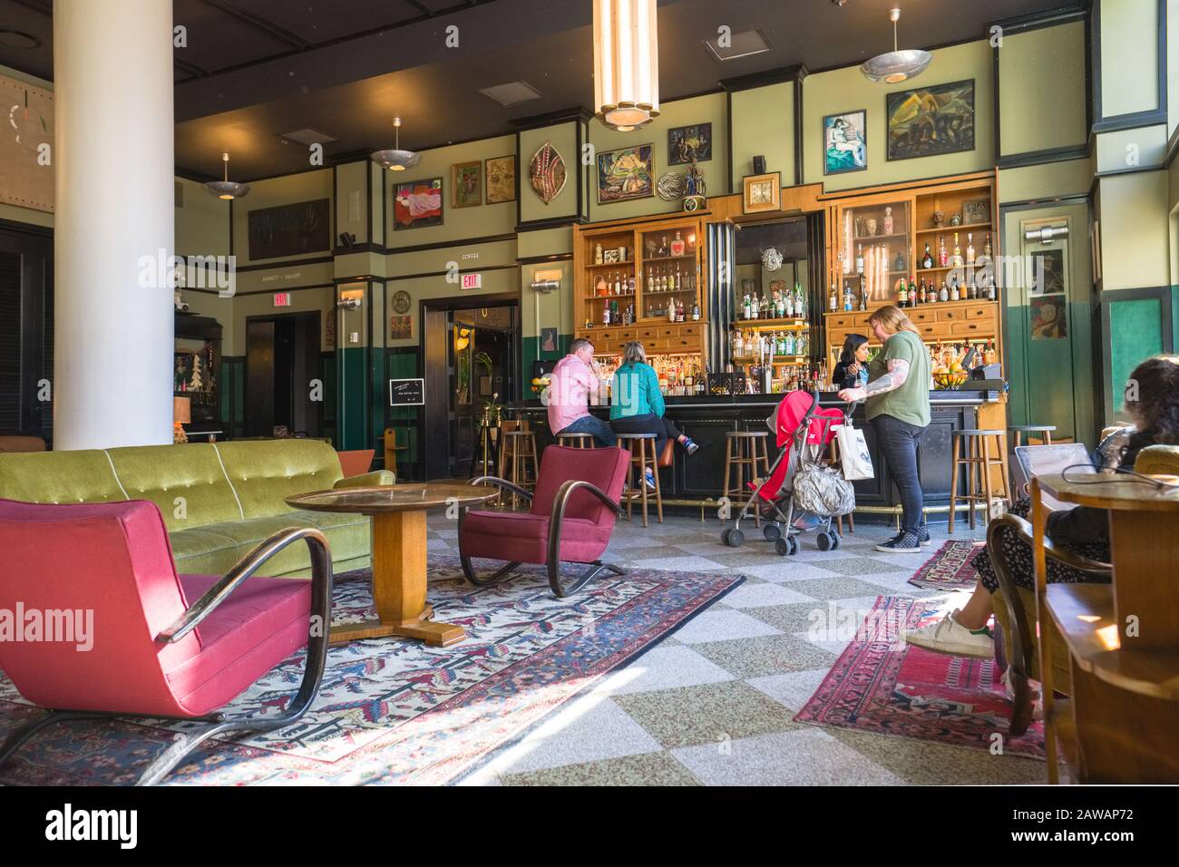 Lobby e Bar dell'Ace Hotel, un Boutique Hotel nel quartiere Centrale degli Affari di New Orleans Foto Stock