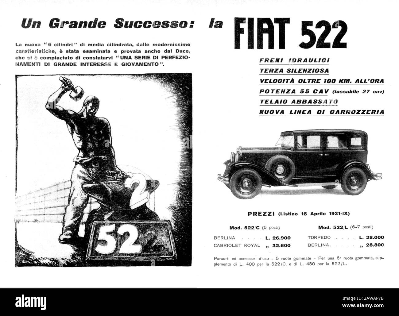 1931 , ITALIA : l'industria automobilistica italiana FIAT ( F.I.A.T. Fabbrica Italiana Automobili Torino ) pubblicità per modelli FIAT 522 . Illustrazione di Giuseppe PO Foto Stock