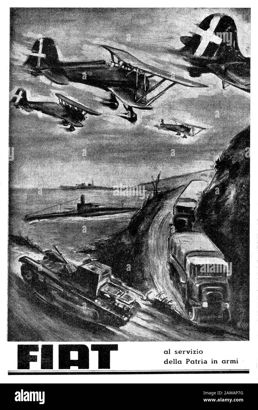 1941 ,TORINO , ITALIA : l'industria automobilistica italiana FIAT ( F.I.A.T. Fabbrica Italiana Automobili Torino ) pubblicità per la fornitura FIAT di armi durante il Th Foto Stock