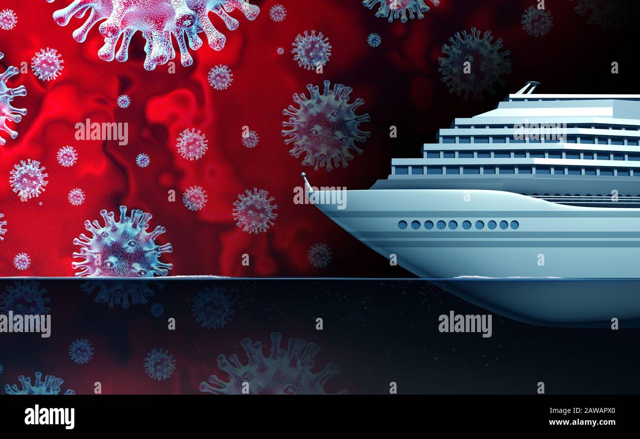 Nave da crociera coronavirus focolaio e coronavirus influenza come una nave passeggeri rivestimento in quarantena al largo della costa del mare come una pandemia o epidemia. Foto Stock