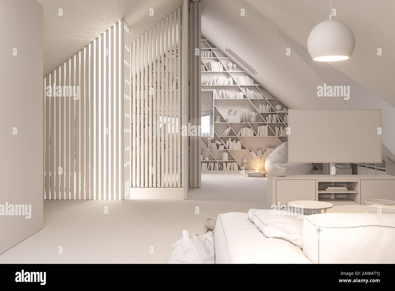 360 panorama sferica di interior design lounge area del piano attico in un cottage privato. 3d illustrazione dell'interno della casa in Scandinavia Foto Stock