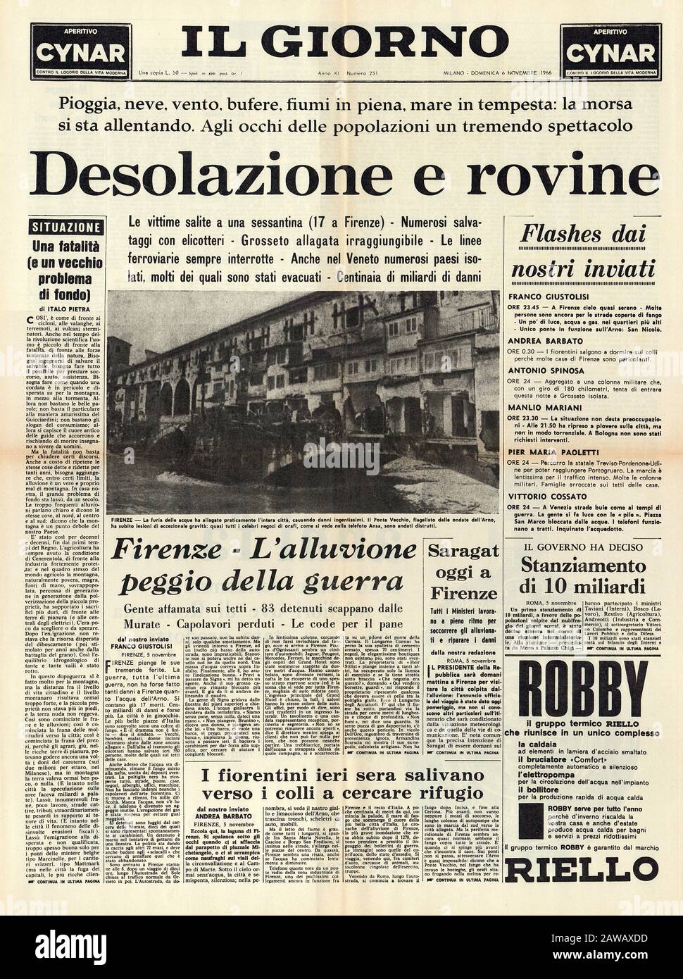 1966 , 6 novembre , FIRENZE, ITALIA : la prima pagina del quotidiano  italiano il GIORNO per la catastrofe alluvionale che ha devastato la città  - FIRENZE Foto stock - Alamy