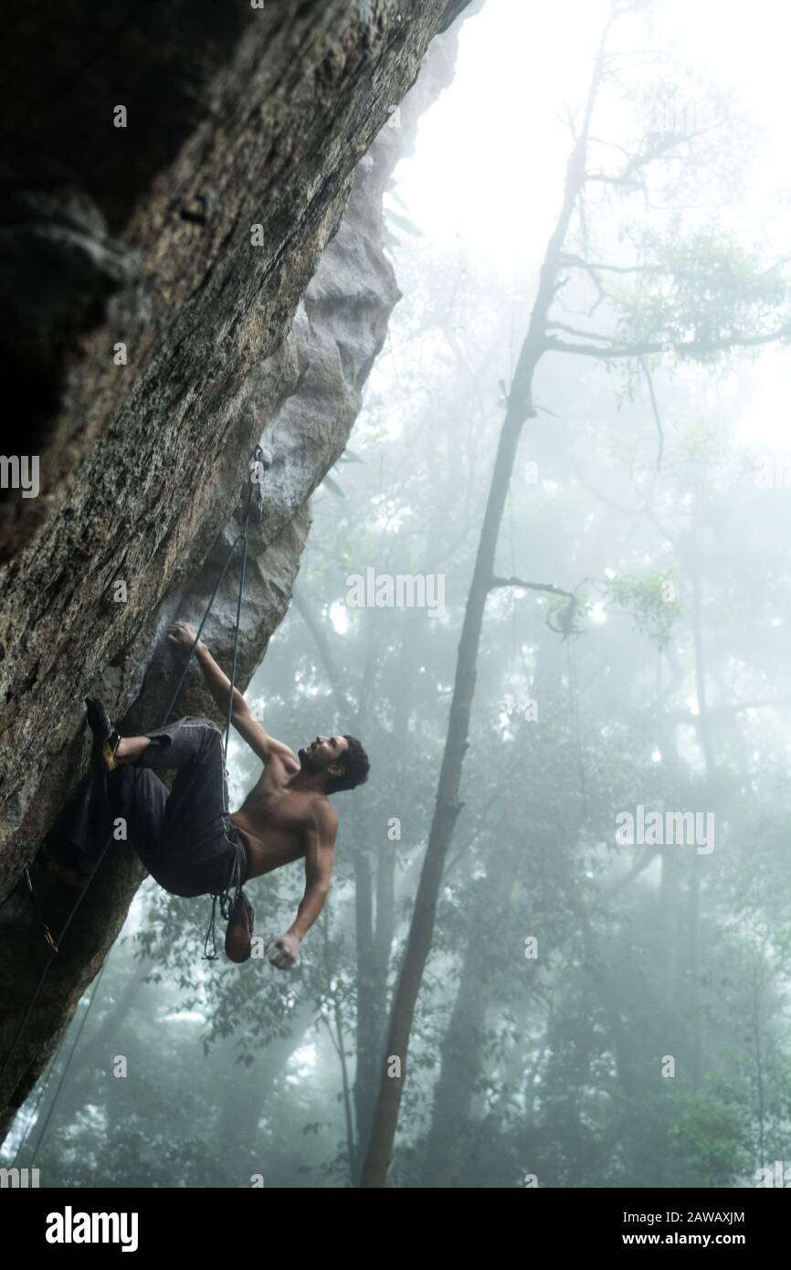 Uomo forte che sale in una foresta drammatica. Immagine motivazionale, avventura, paura. Foto Stock