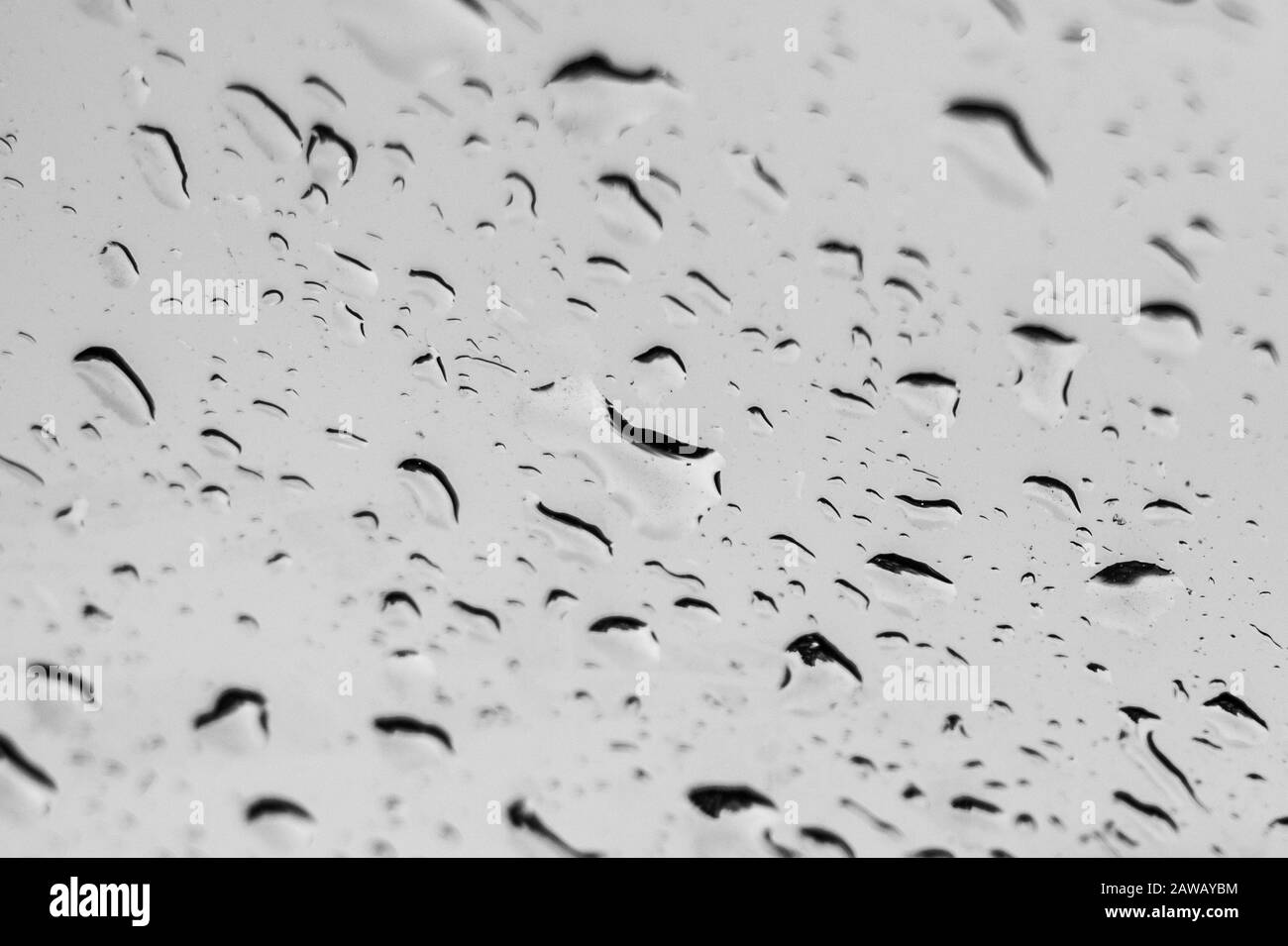 Gocce di pioggia sul finestrino si chiudono. Gocce di pioggia sulla macro di vetro. Gocce d'acqua che cadono sul finestrino. Giorno di pioggia. Vetro bagnato. Gocce di pioggia che scendono verso il basso Foto Stock
