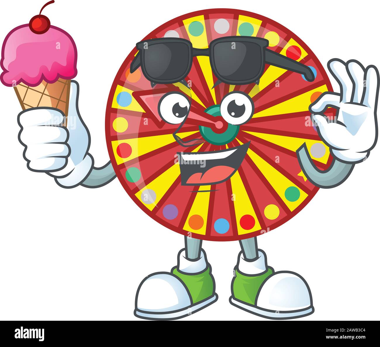 Ruota fortuna mascotte stile cartone animato mangiare un gelato Illustrazione Vettoriale