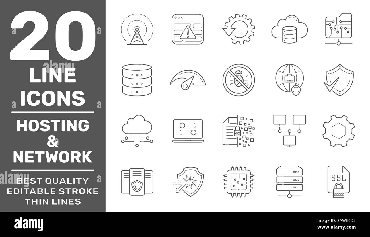 Icone vettori di linea per server e hosting di rete. Traccia Modificabile. EPS 10 Illustrazione Vettoriale