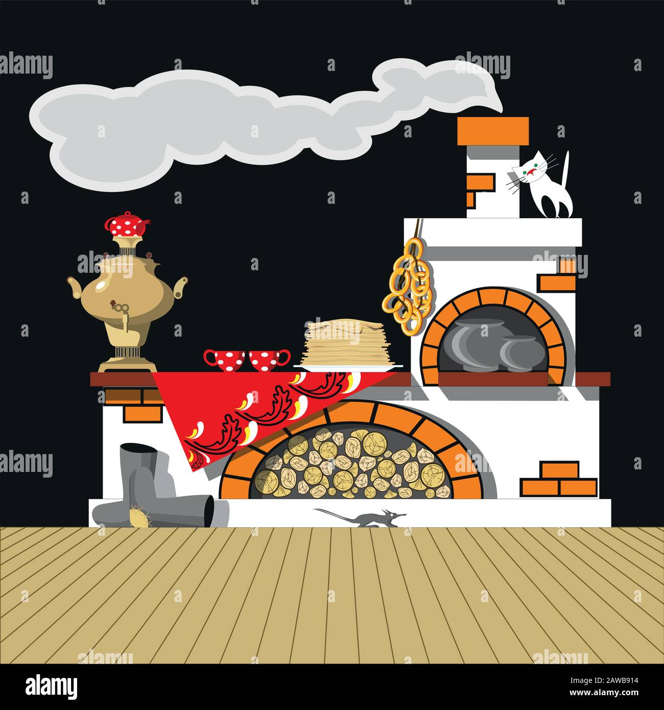 Forno russo, samovar, pancake, bagel, stivali in feltro. Set vettoriale per la decorazione della Maslenitsa vacanza russa. Shrovetide Illustrazione Vettoriale