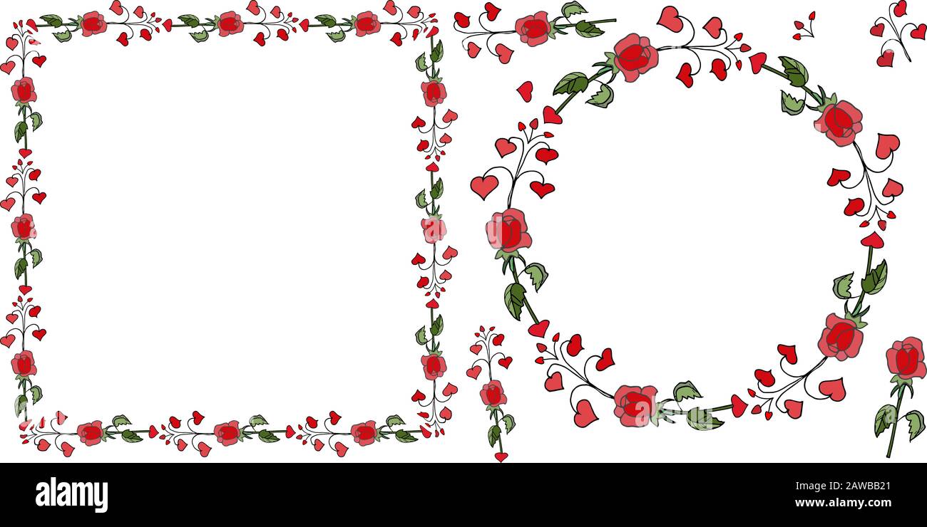 Set vettoriale di sfondi di festa senza cuciture con cuori scarabocchiati, bicchieri e palle, frame vettoriale rotondo con cuori, gatto divertente in amore con un cuore su un Illustrazione Vettoriale