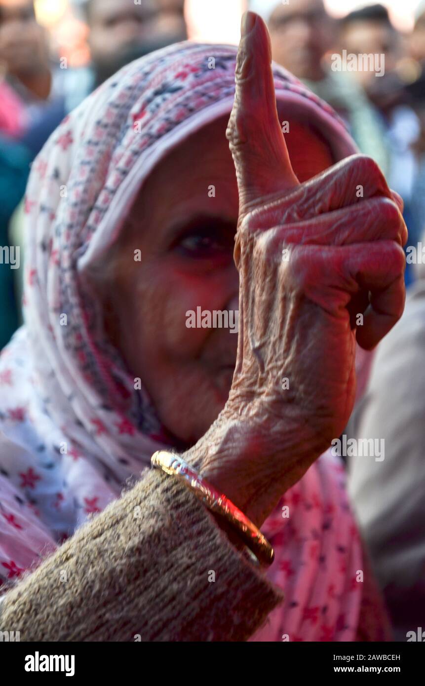 New Delhi, INDIA. 25 Gennaio 2020. Le donne Protestano contro Shaheen Bagh contro CAA & NRC. Foto Di Nonna Bilkis 82 anni da Shaheen Bagh. Foto Stock