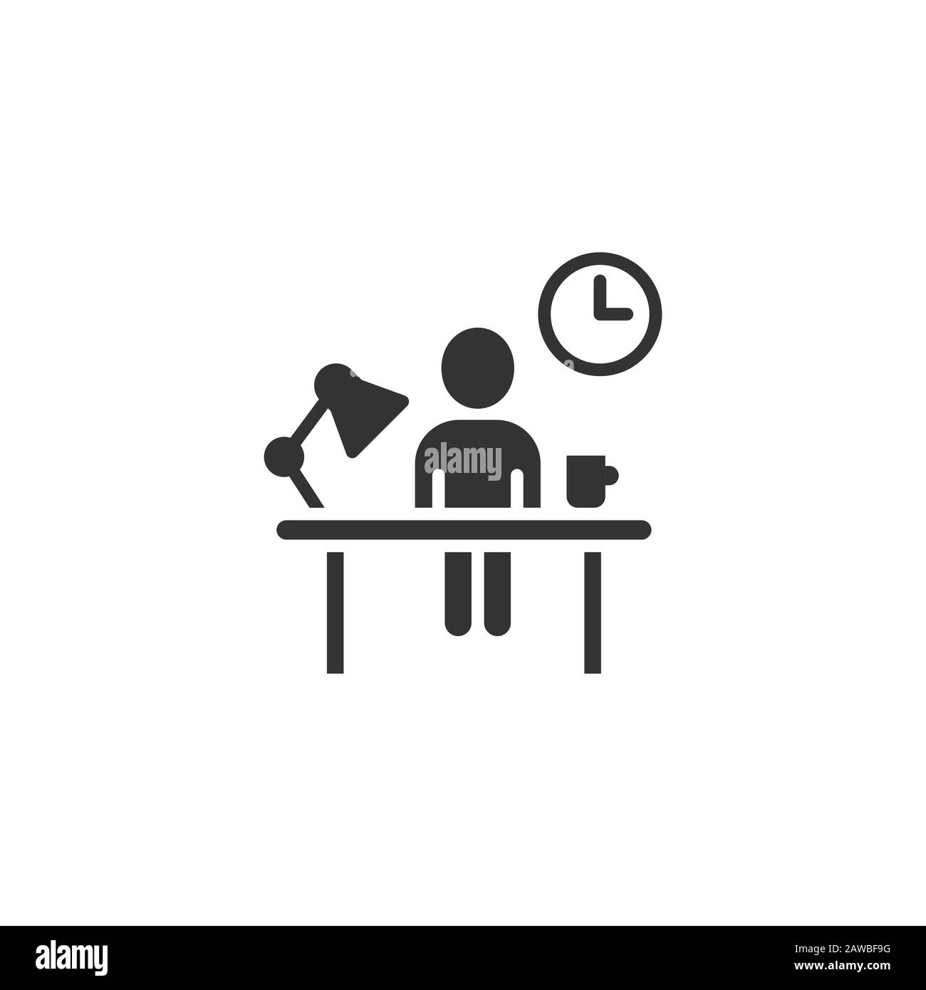 Persone con lampada da tavolo e icona orologio in stile piatto. Illustrazione del vettore spazio di coworking su sfondo bianco isolato. Business freelancer sul posto di lavoro Illustrazione Vettoriale