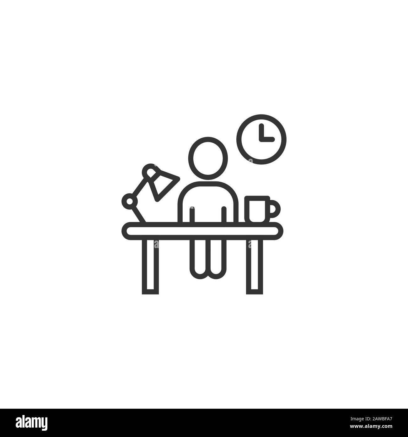 Persone con lampada da tavolo e icona orologio in stile piatto. Illustrazione del vettore spazio di coworking su sfondo bianco isolato. Business freelancer sul posto di lavoro Illustrazione Vettoriale