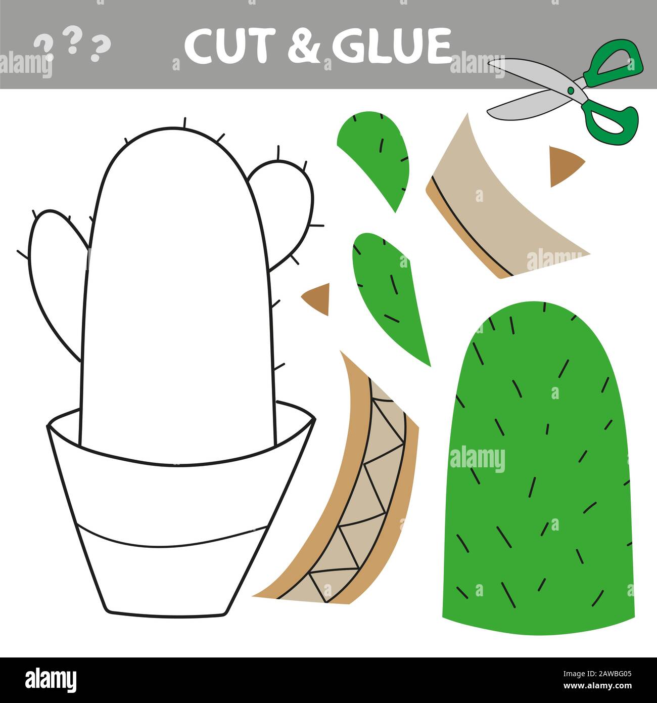 Taglia e incolla. Taglia e colla - Educazione per i bambini - cactus verde Illustrazione Vettoriale
