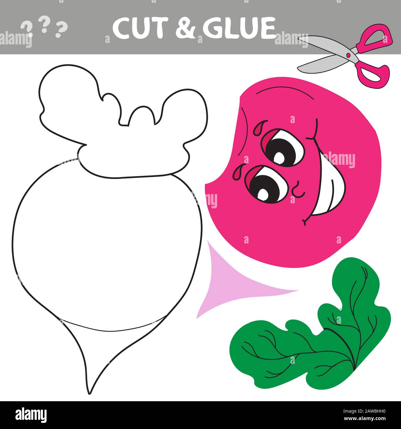 Illustrazione vettoriale di un radish o barbabietole con un sorriso carino. Tagliare parti dell'immagine e incollare sulla carta Illustrazione Vettoriale