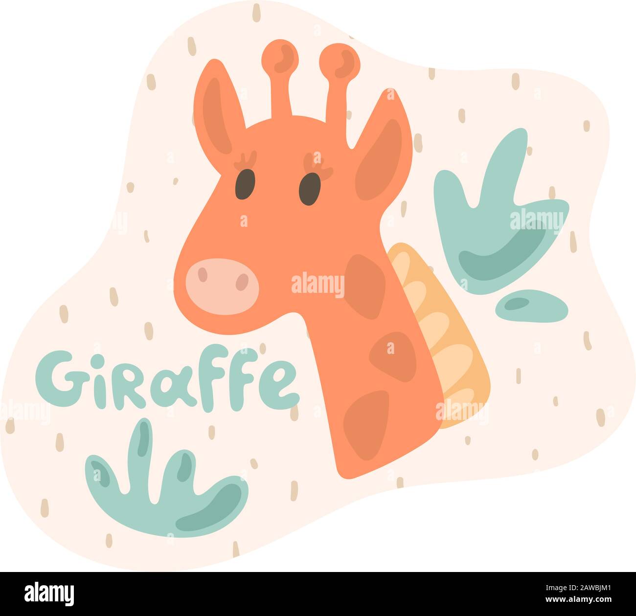 Una piccola giraffa guarda fuori attraverso un cespuglio e vede sorprendentemente. Giraffe per bambini in stile piatto. Giraffe di testo in una bolla d'avorio. Immagini isolate Illustrazione Vettoriale