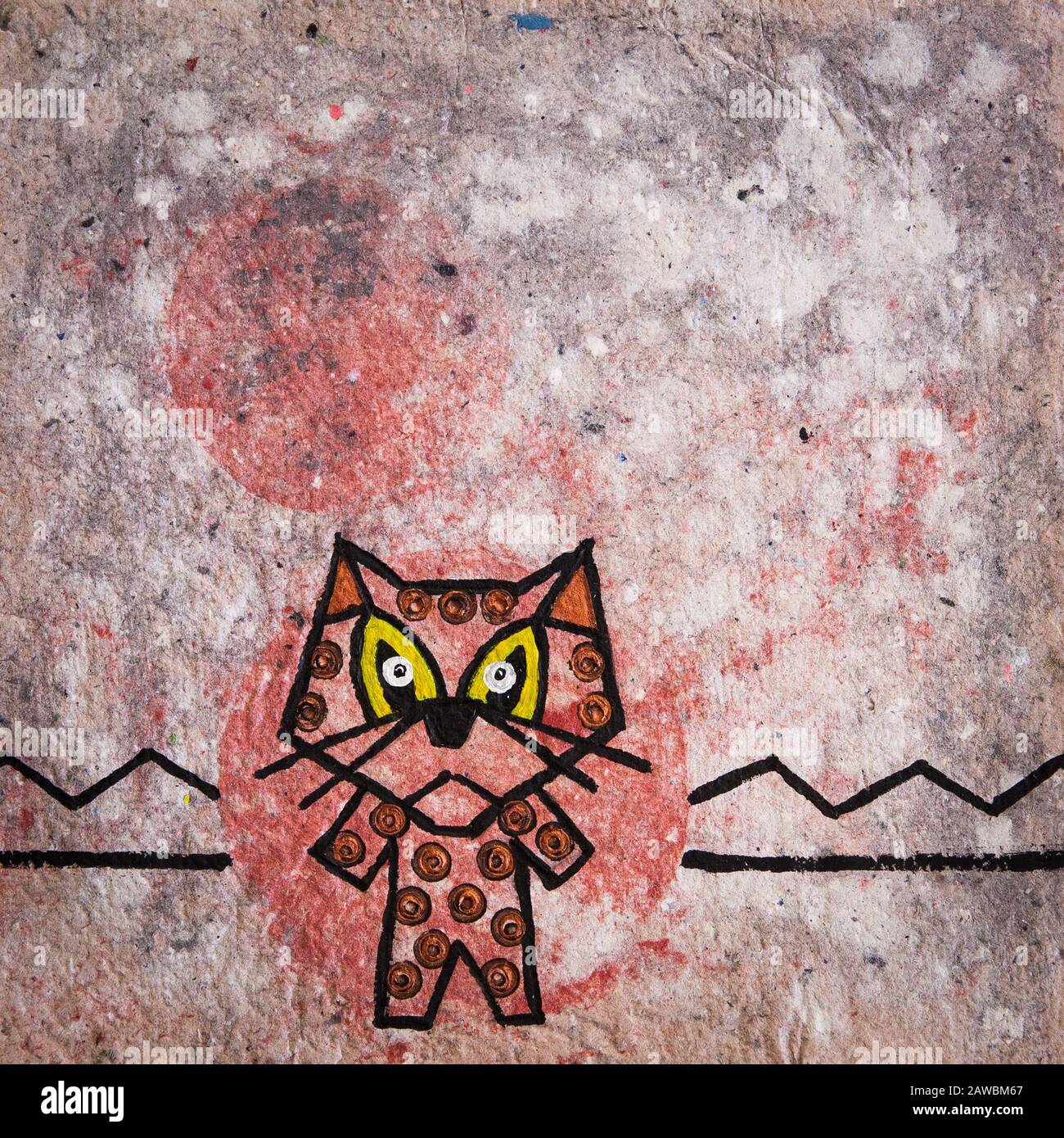 Animale potere sciamanico illustrazione di un gatto selvatico. L'illustrazione è dipinta su carta riciclata. Foto Stock