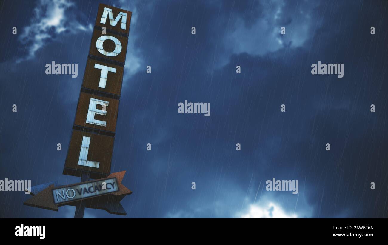 Old Grungy Motel Sign In Rain Real Clouds Timelapse And 3d Design Composite Foto Stock