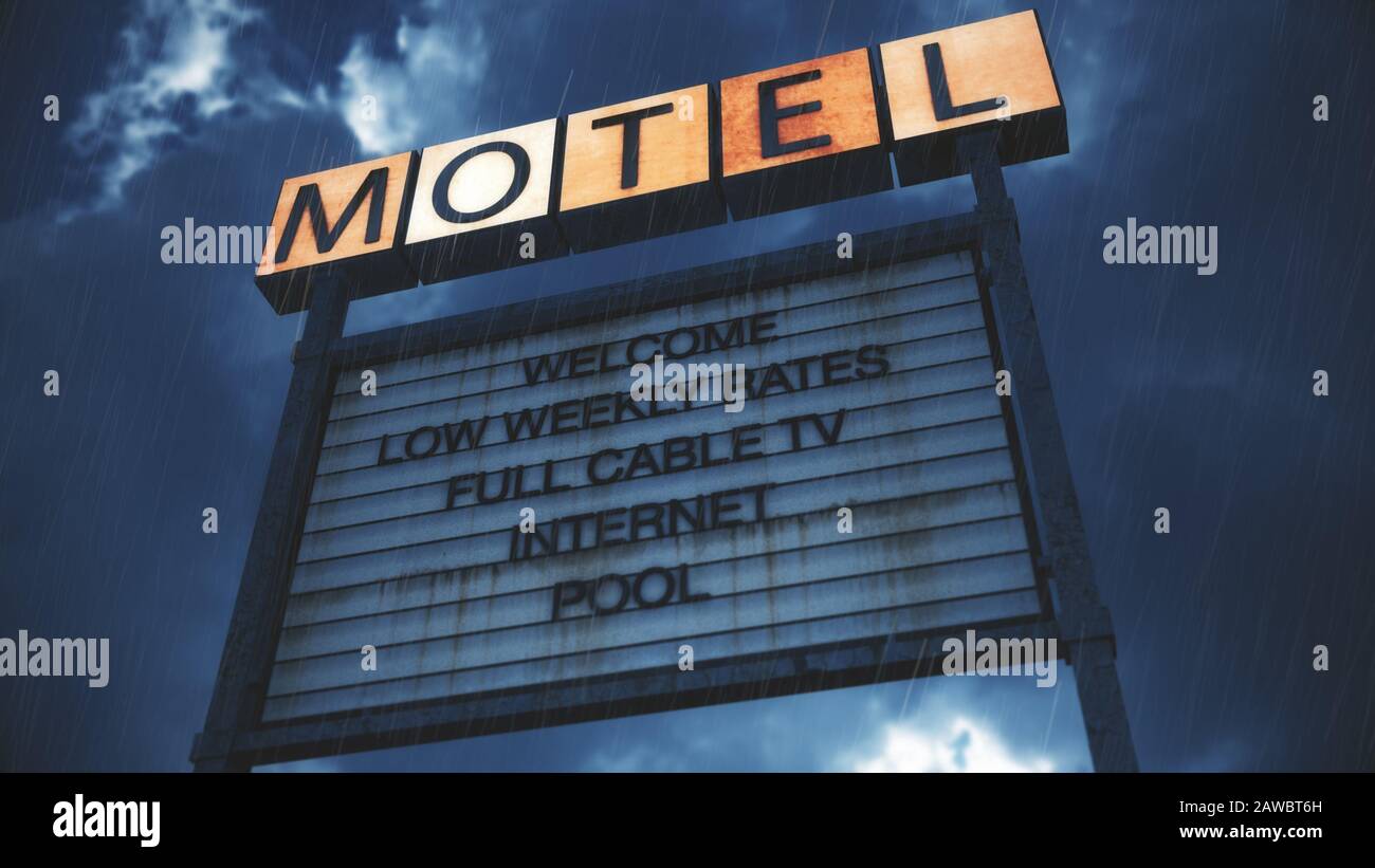Old Grungy Motel Sign In Rain Real Clouds Timelapse And 3d Design Composite Foto Stock