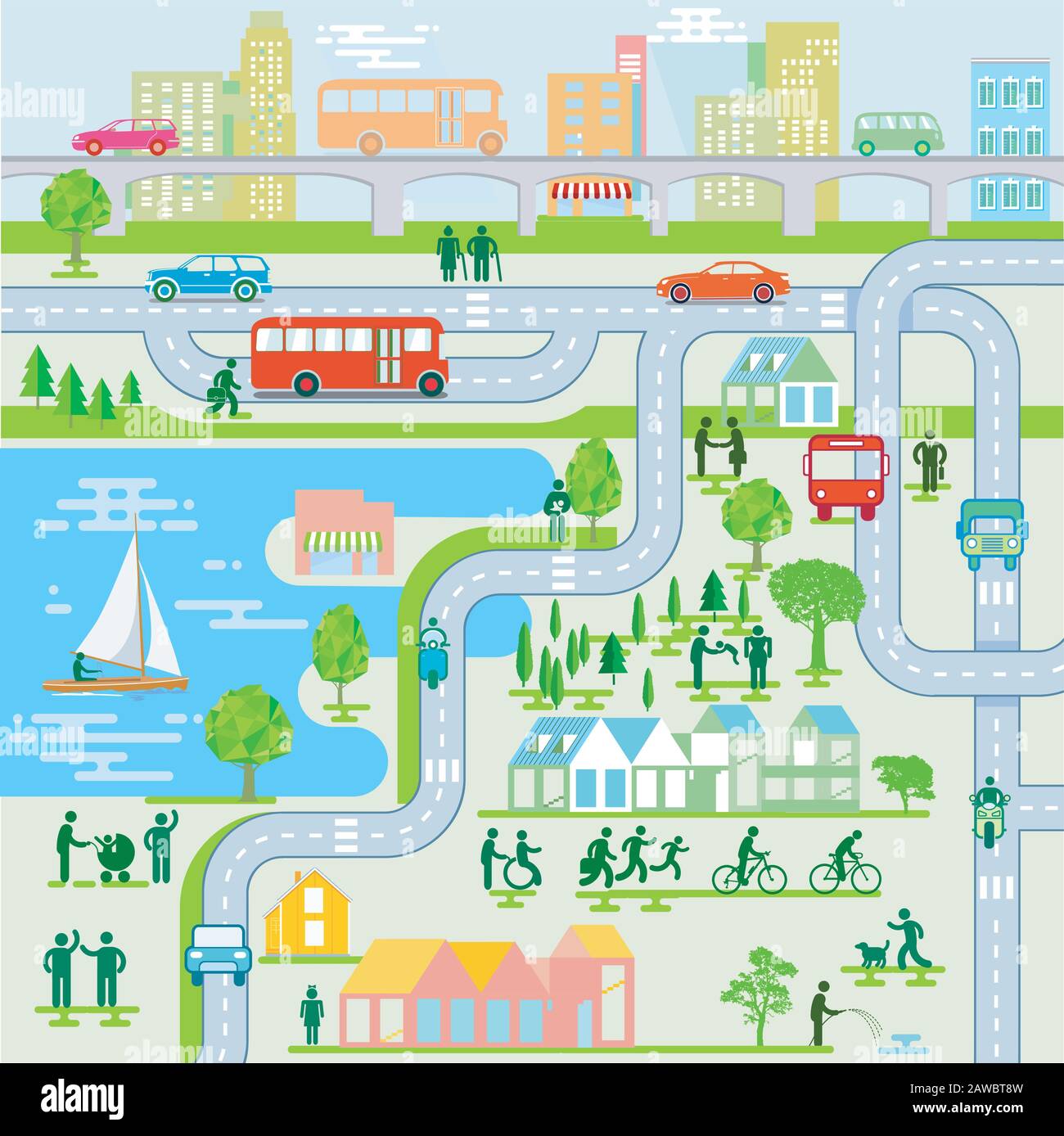 Città con pedoni e trasporti pubblici Illustrazione Vettoriale
