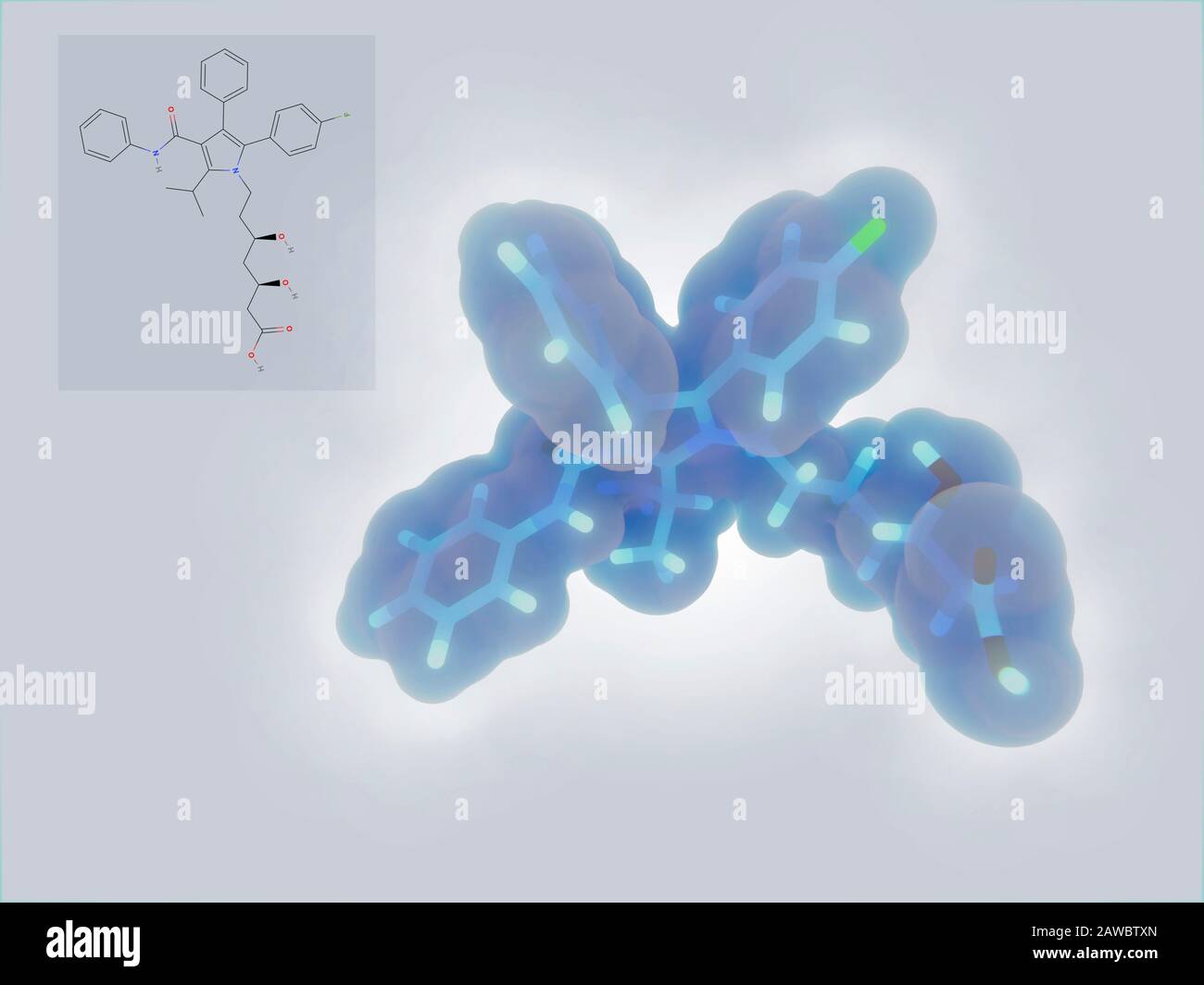 Molecola di farmaco atorvastatina, illustrazione Foto Stock