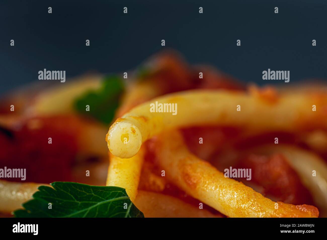 Primo piano di bucatini noodle. Fotografia macro. Foto Stock
