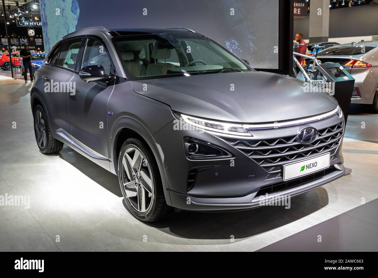 Bruxelles - 9 GENNAIO 2020: Nuovo modello di SUV crossover alimentato a idrogeno Hyundai Nexo basato su celle a combustibile presentato al Motor Show di Bruxelles Autosalon 2020. Foto Stock