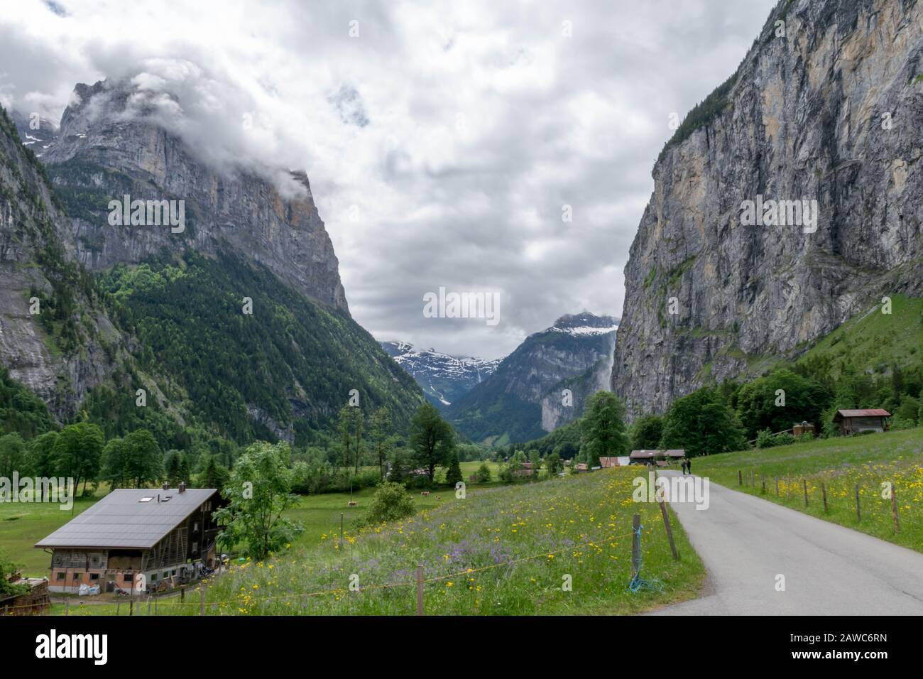 Strada attraverso la Valle delle Cascate in Lauterbrunnen Svizzera Foto Stock