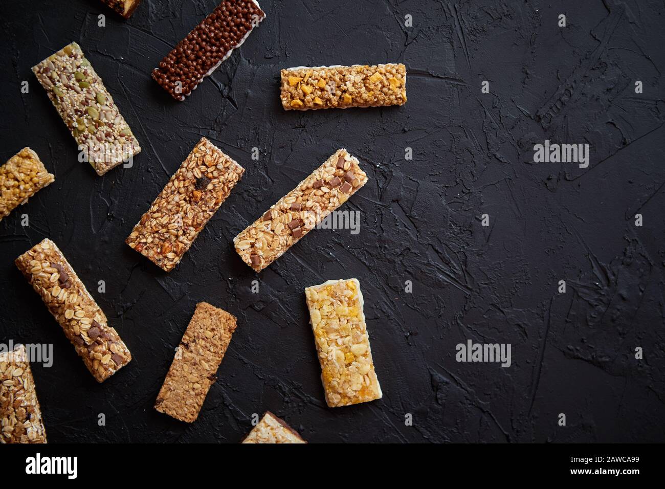 Il concetto di bar fitness granola di gusto e sapore è vario Foto Stock