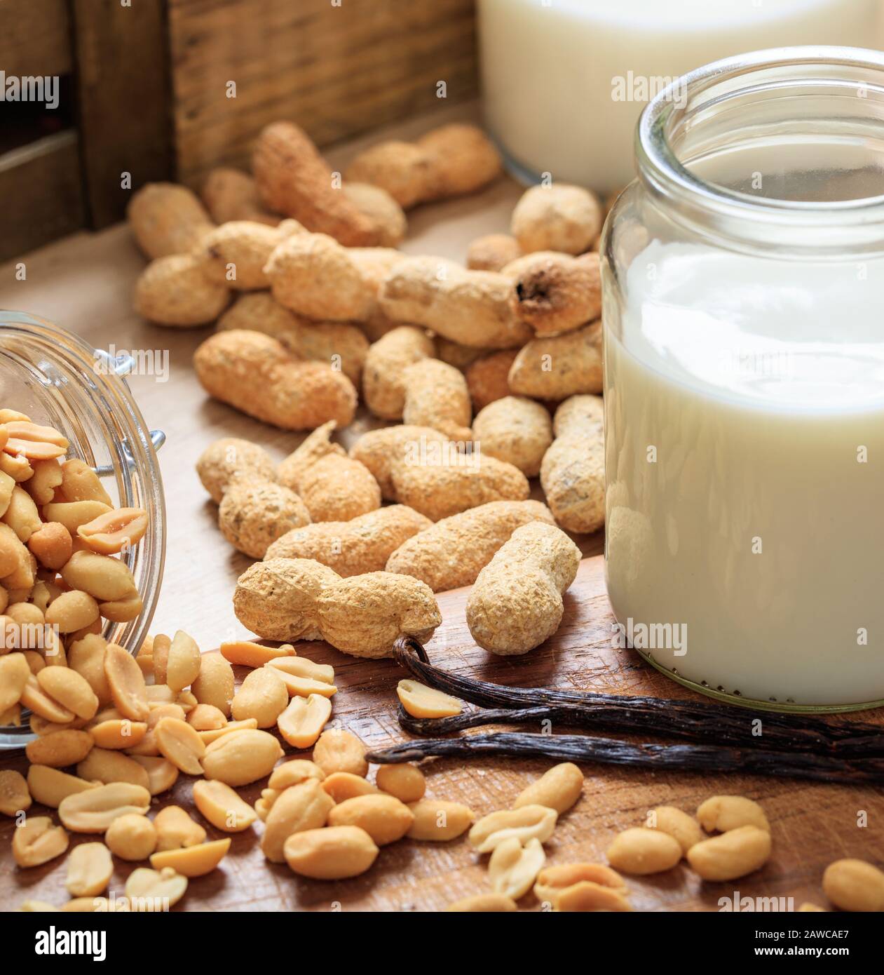 Latte di arachidi non latte di sostituzione latte su un tavolo di legno. Frutta a guscio e vetro con latte, latte senza lattosio sostituto per vegani Foto Stock