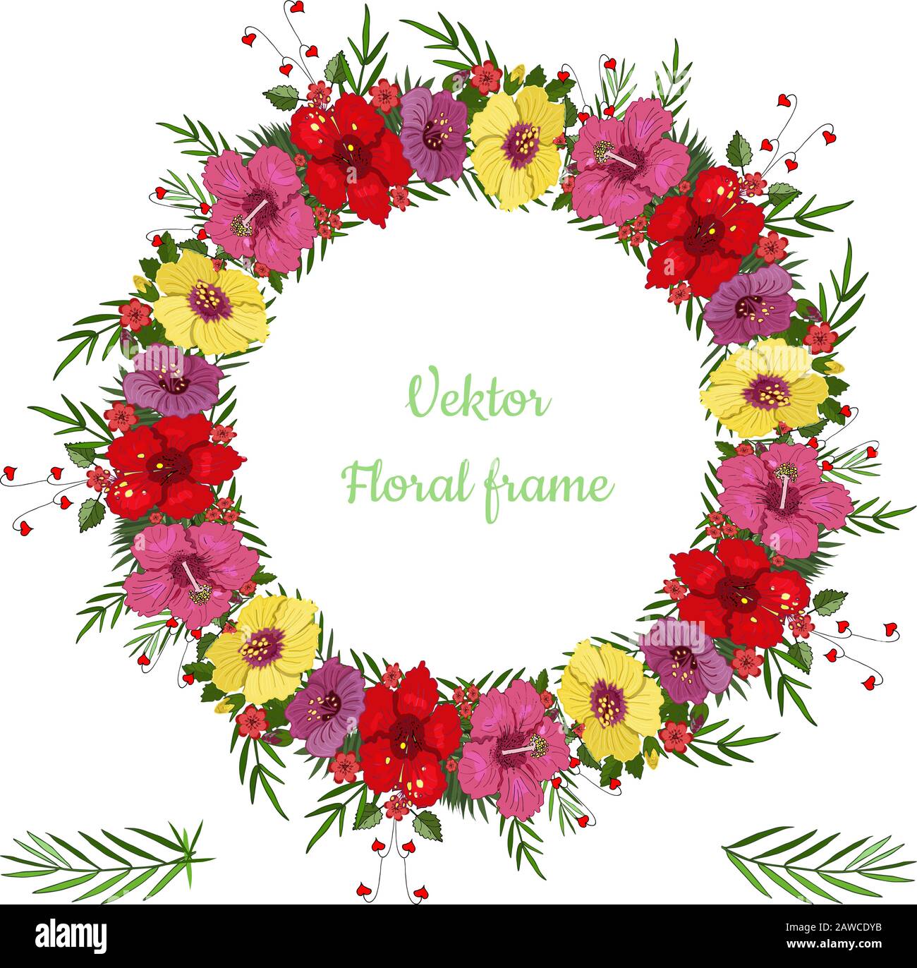 Hibiscus e foglie di palma round frame.Tropical plant wreath in vettore. Illustrazione Vettoriale